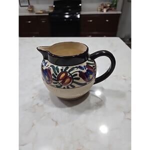Vintage Maruhon Handpainted Ceramic Pitcher Japan 1940s- 50sRibbed Lower Half